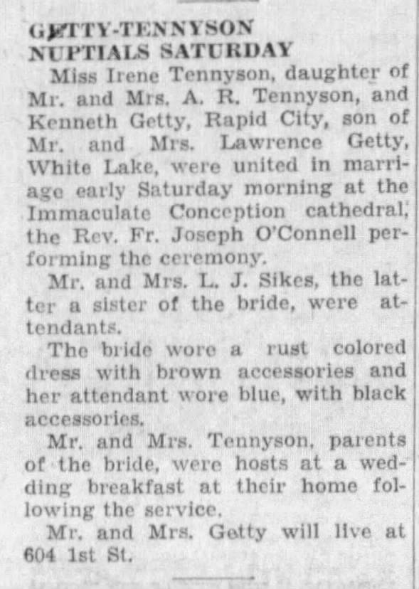 Kenneth Getty marriage in 1938.